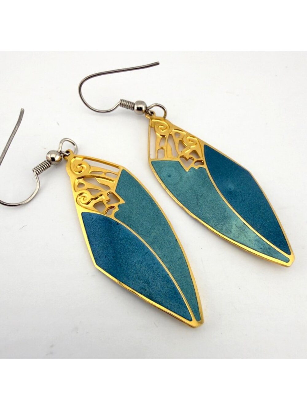 Vintage Signed Edgar Berebi Earrings Dangle Teal Blue Enamel Gold Tone Leaf READ